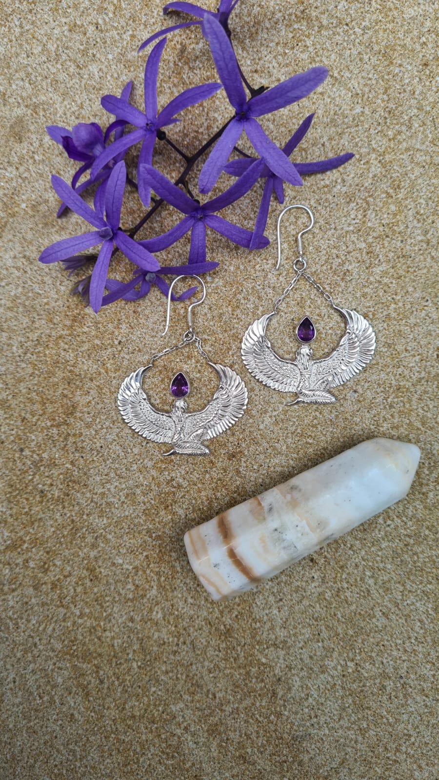 Amethyst Silver Isis Goddess Earrings - FeatherTribe