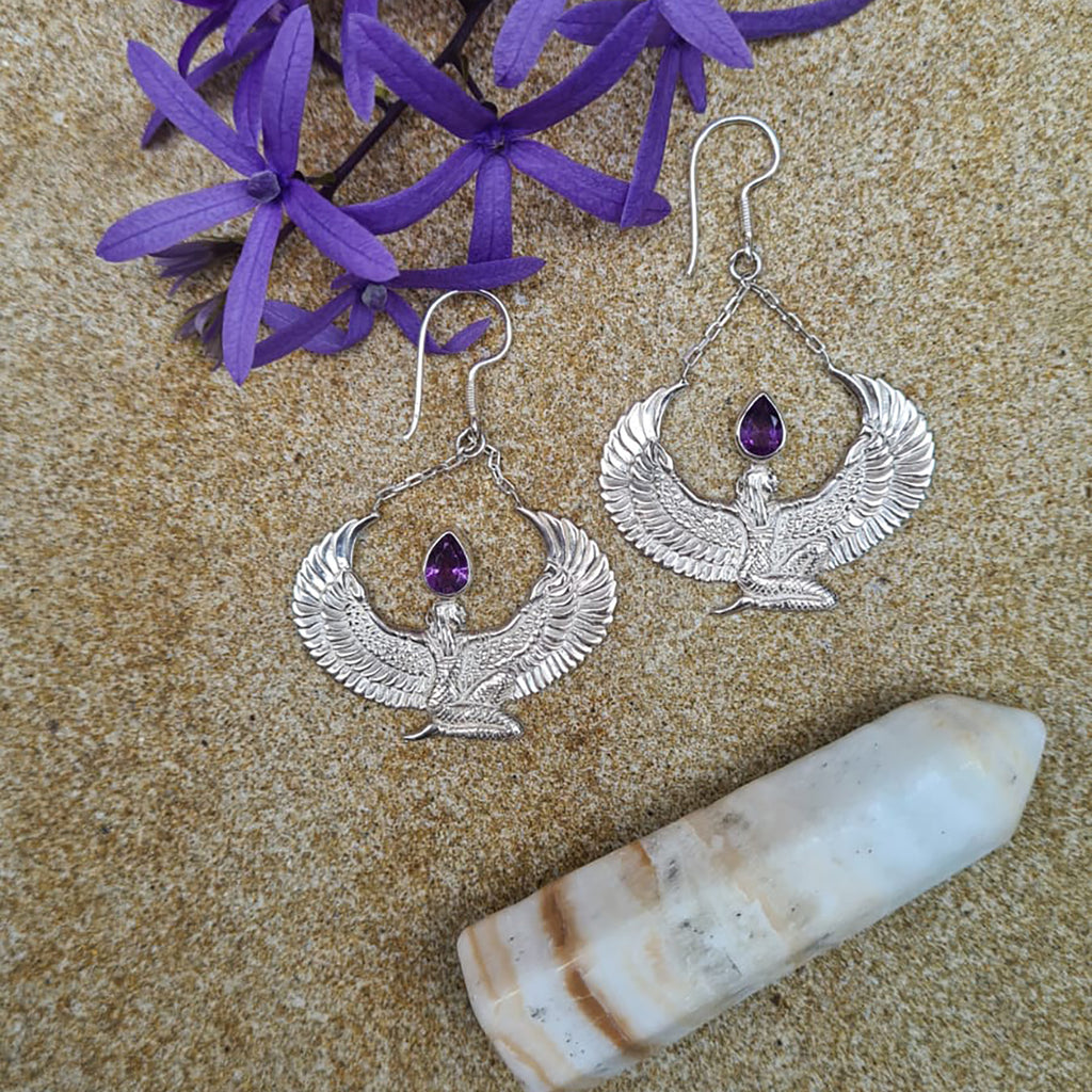 Amethyst Silver Isis Goddess Earrings - FeatherTribe