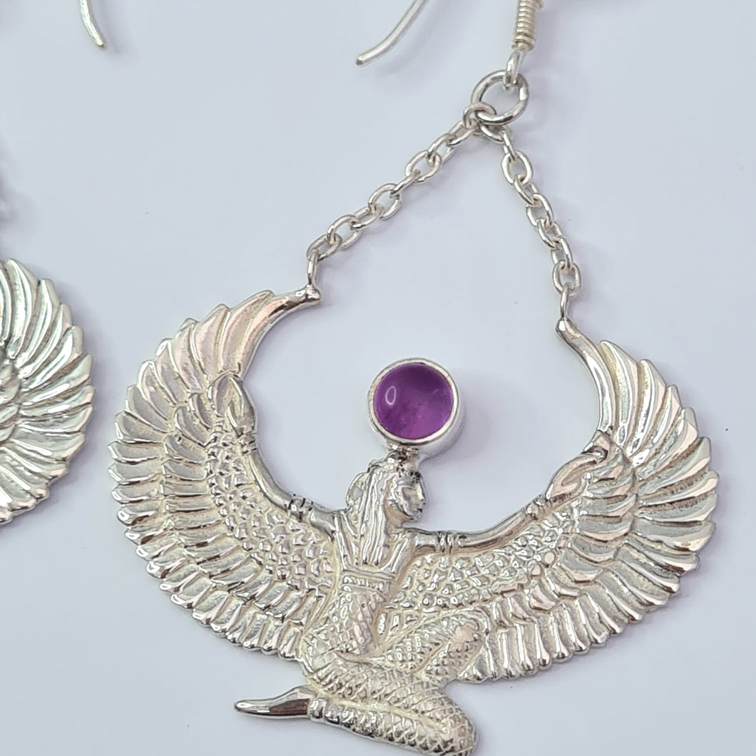 Silver Amethyst Isis Goddess Earrings