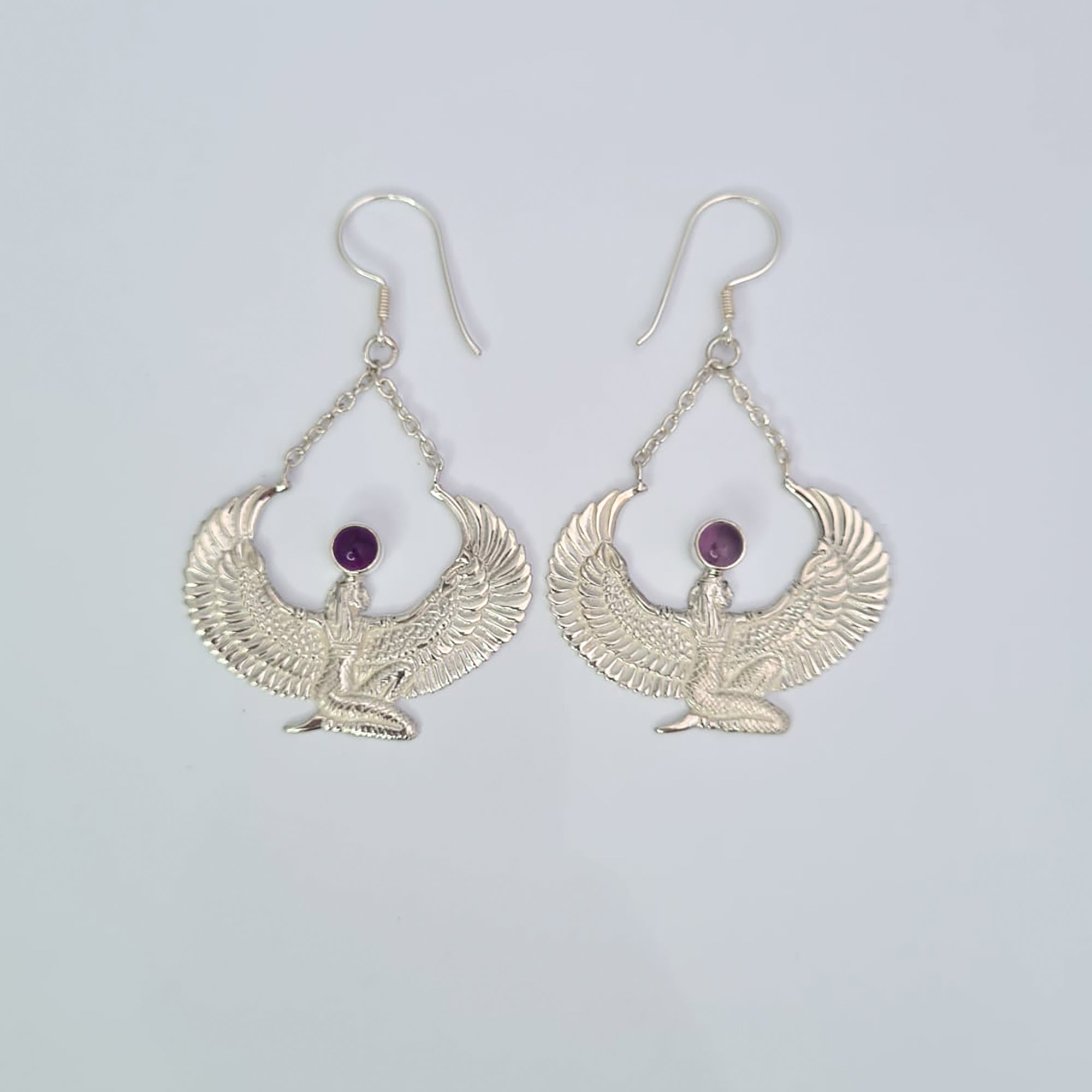 Silver Amethyst Isis Goddess Earrings - FeatherTribe