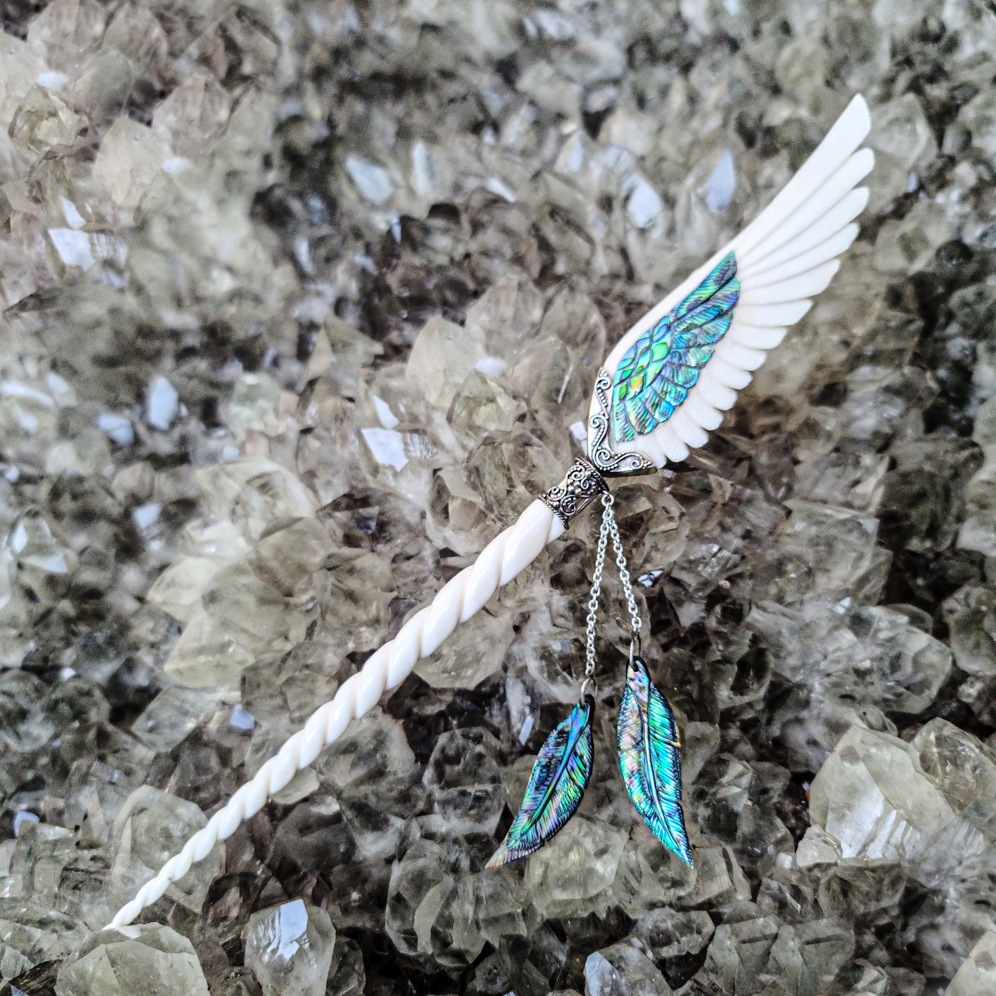 Abalone Unicorn Angel Wing Hair Stick - FeatherTribe