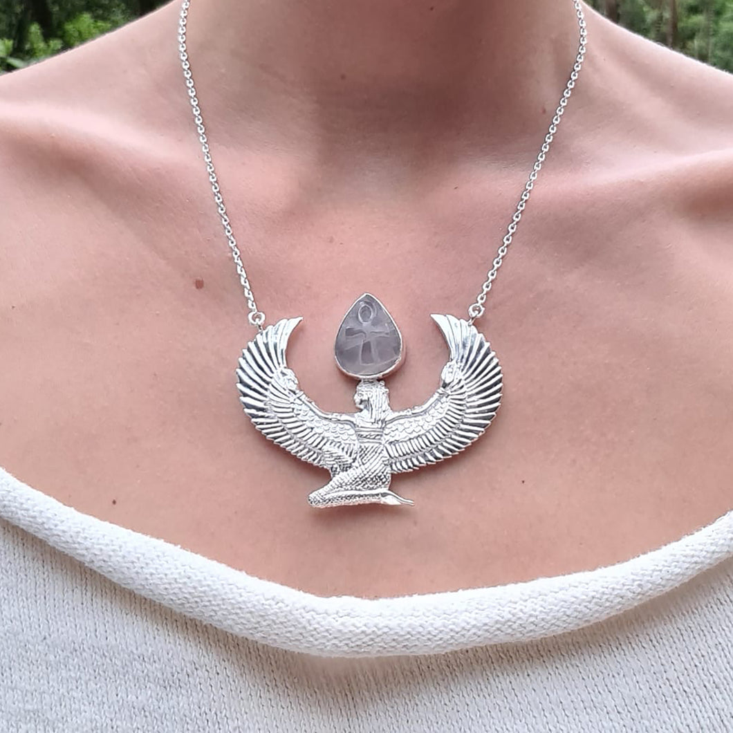 Premium Medium Pure Silver Dipped Isis Goddess Necklace with Rose Quartz - FeatherTribe