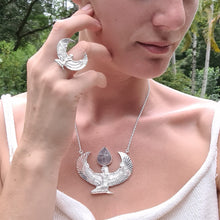 Load image into Gallery viewer, Premium Medium Pure Silver Dipped Isis Goddess Necklace with Rose Quartz - FeatherTribe
