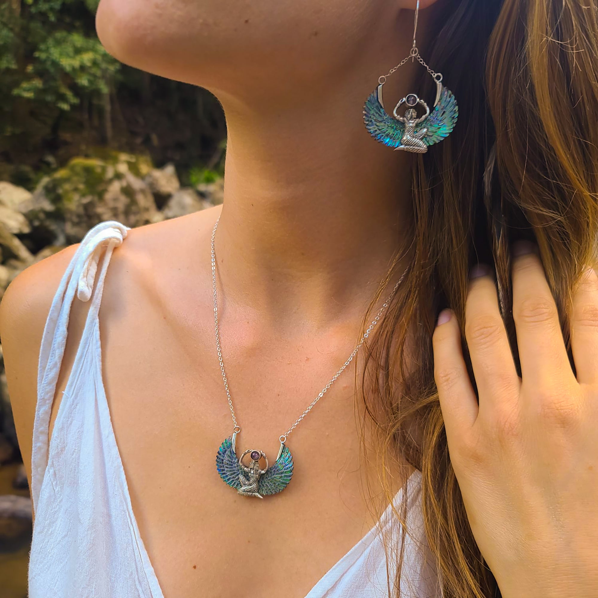 Abalone Isis Goddess Necklace with Amethyst or Moonstone - FeatherTribe