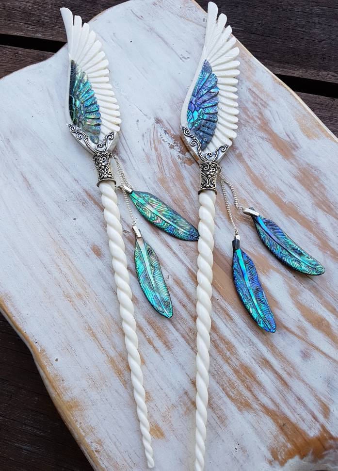Abalone Unicorn Angel Wing Hair Stick - FeatherTribe