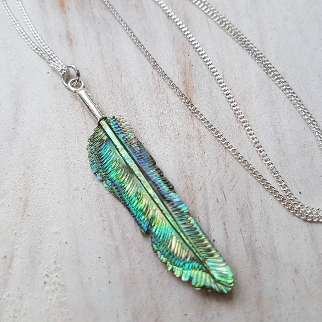 Super Mini Abalone Flight Feather Necklace with Silver or Brass Bail - FeatherTribe