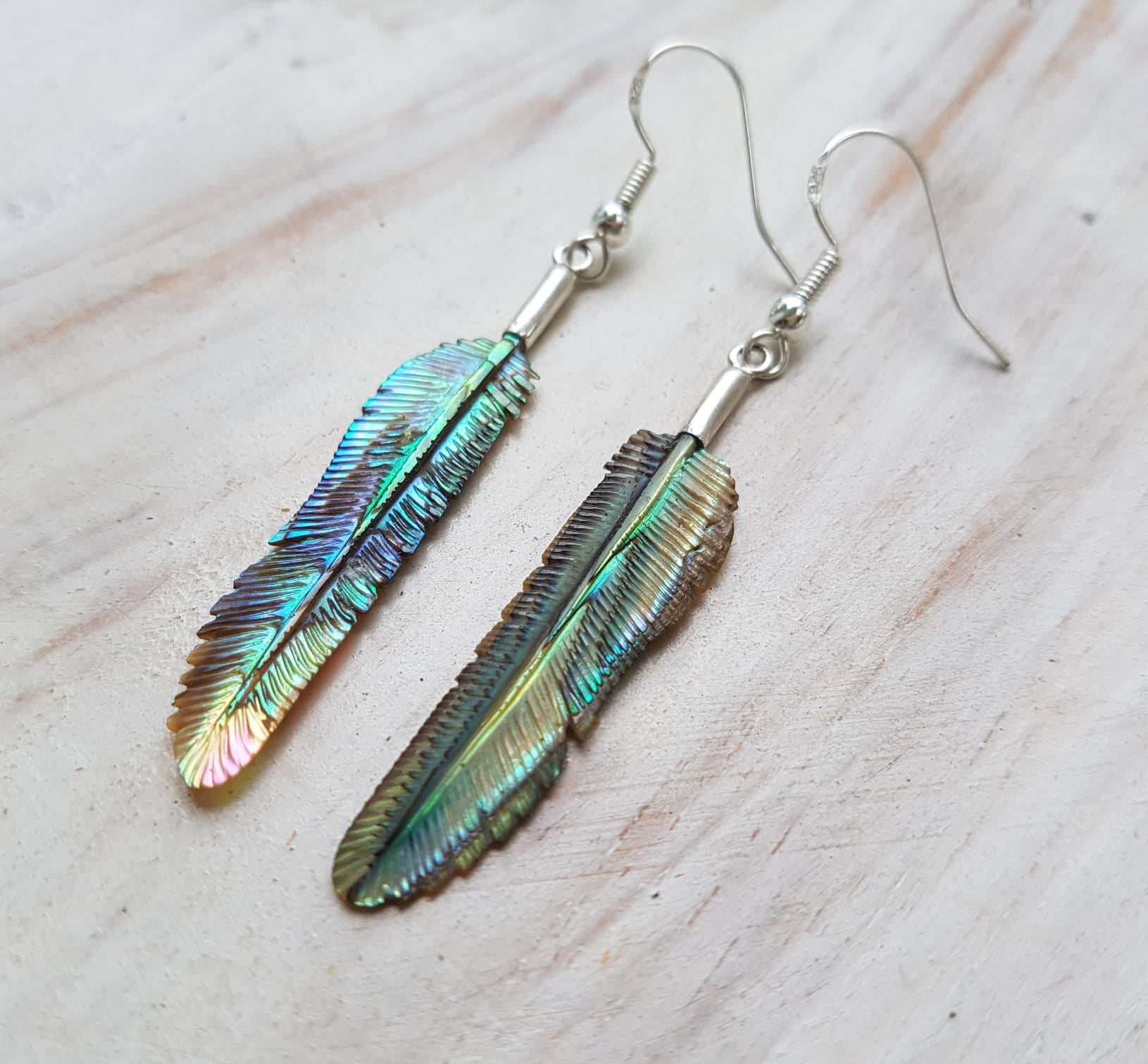 Super Mini Abalone Flight Feather Earrings - FeatherTribe
