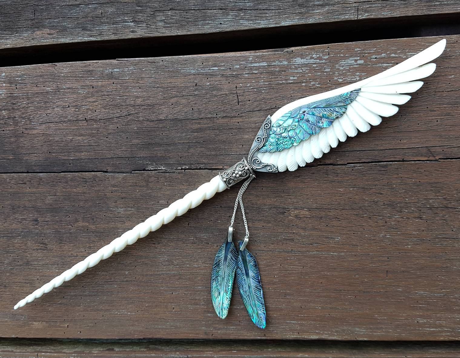 Abalone Unicorn Angel Wing Hair Stick - FeatherTribe