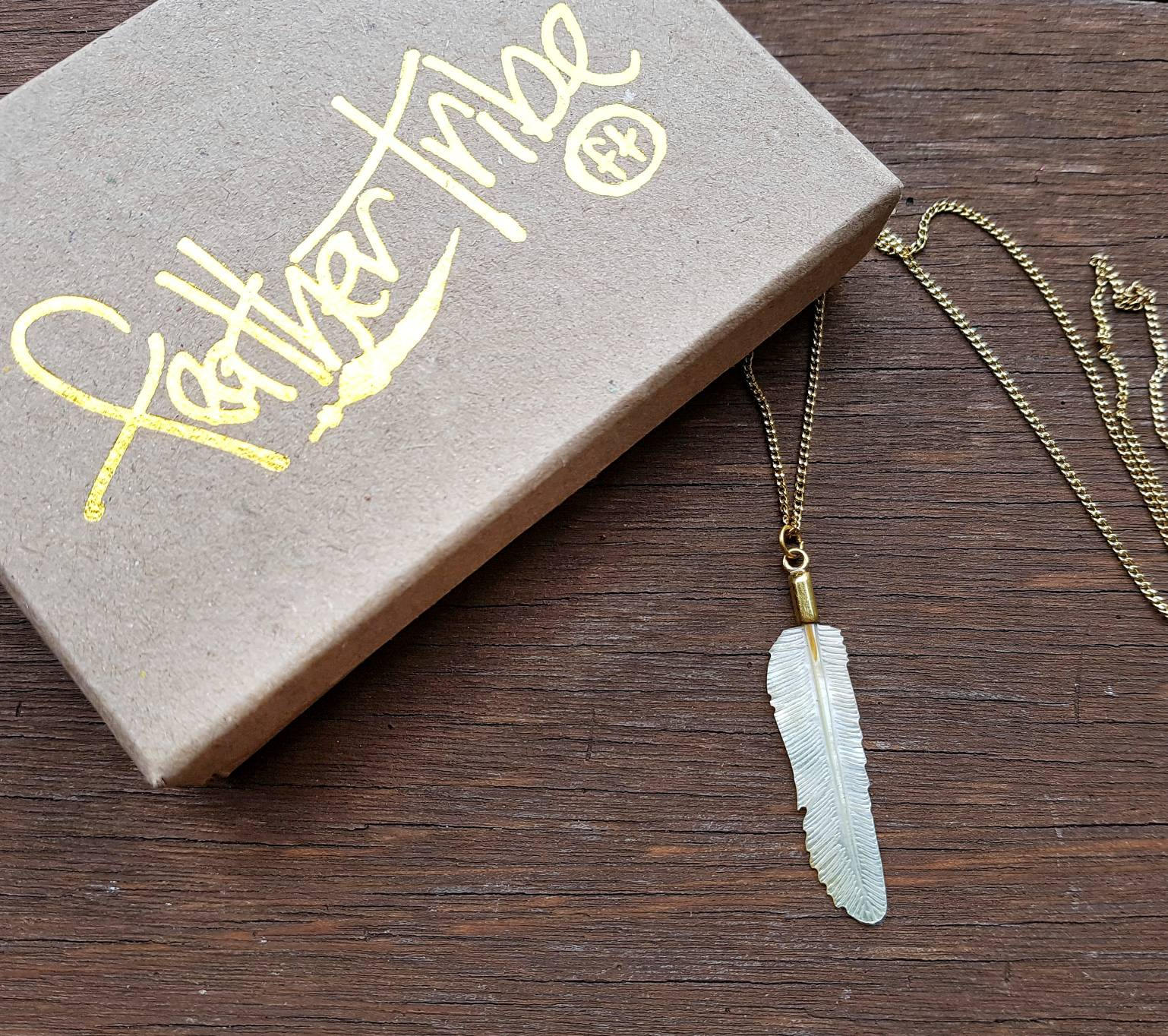 Super Mini Golden Pearl Flight Feather Necklace with Brass - FeatherTribe
