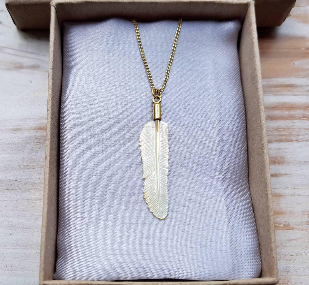 Super Mini Golden Pearl Flight Feather Necklace with Brass - FeatherTribe