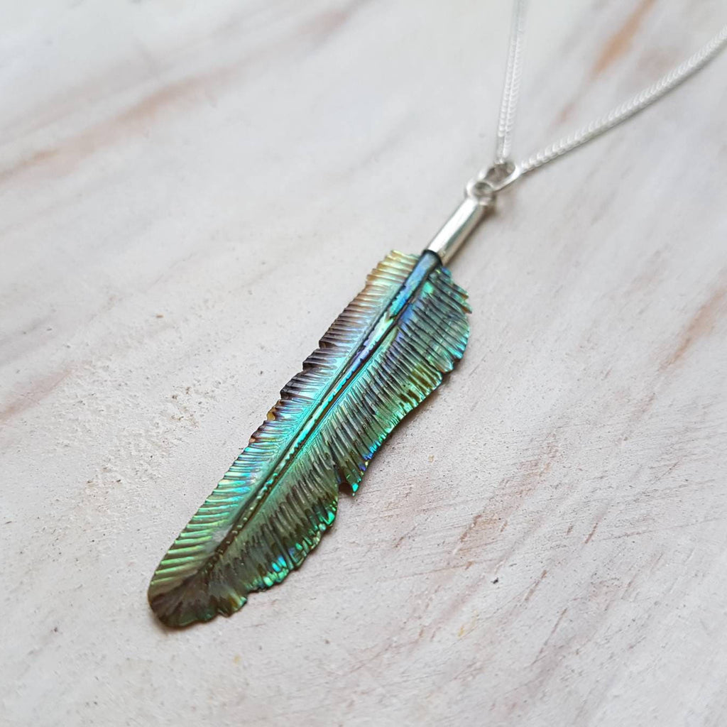Super Mini Abalone Flight Feather Necklace with Silver or Brass Bail - FeatherTribe