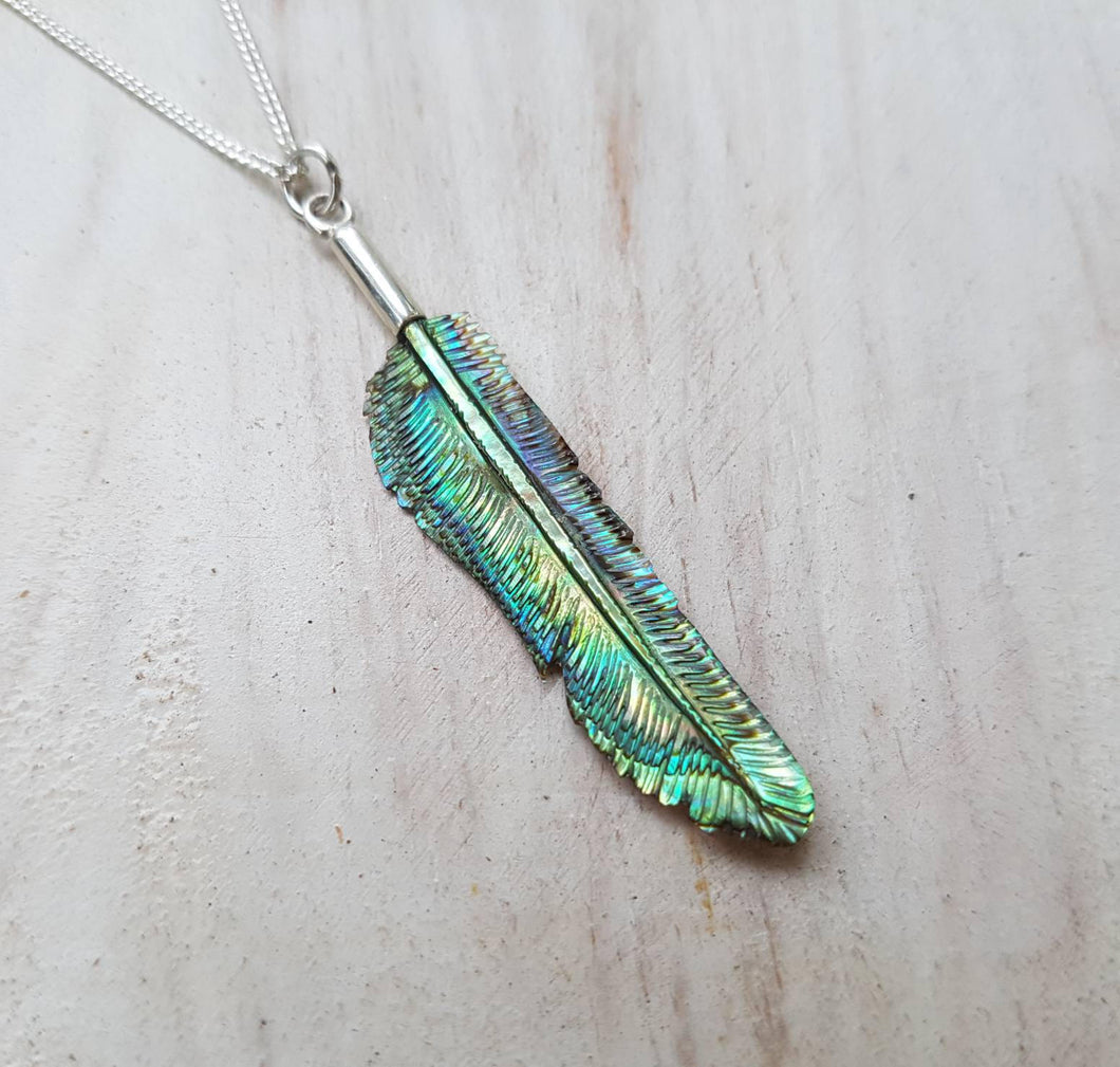 Super Mini Abalone Flight Feather Necklace with Silver or Brass Bail - FeatherTribe