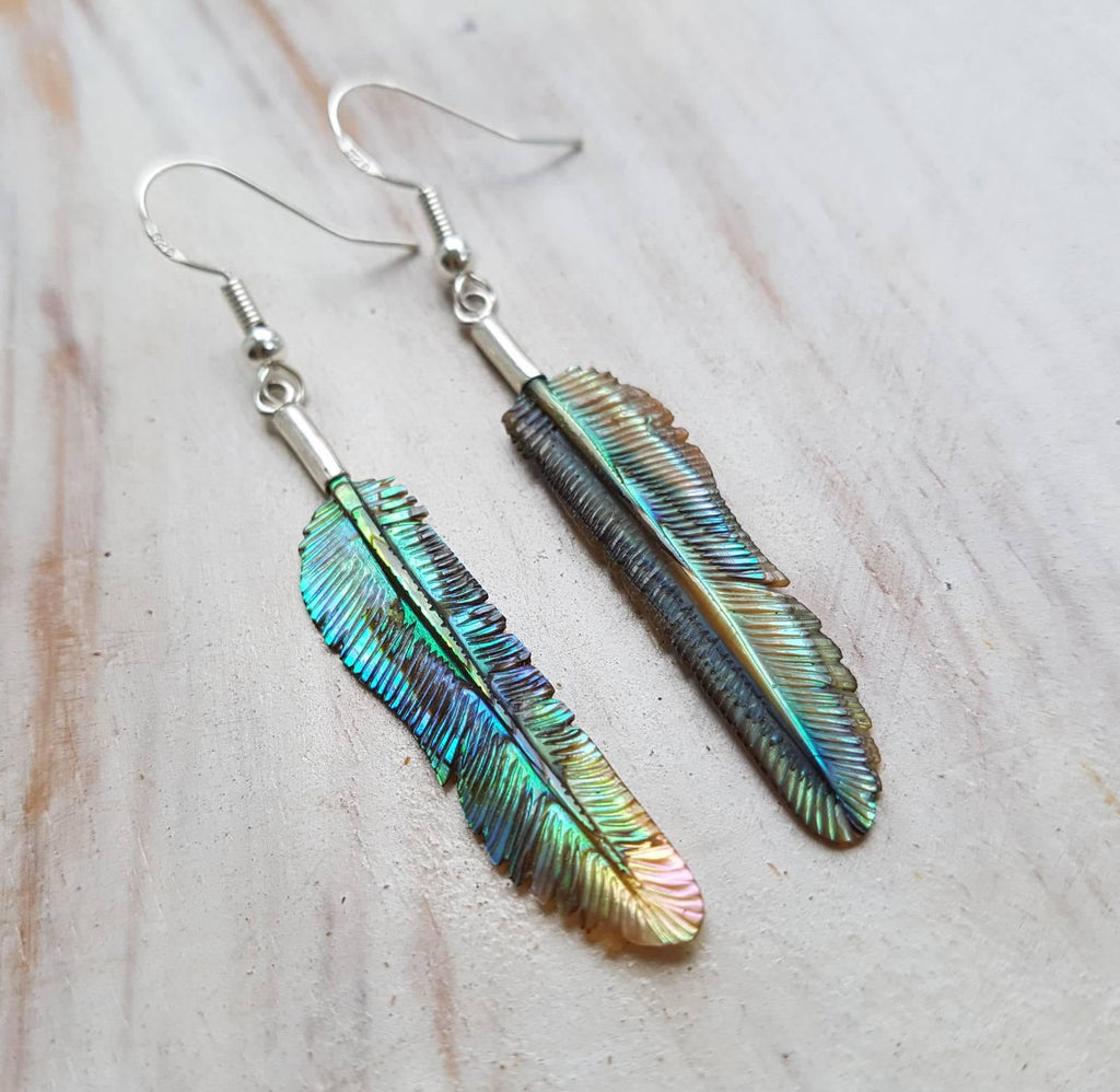 Super Mini Abalone Flight Feather Earrings - FeatherTribe