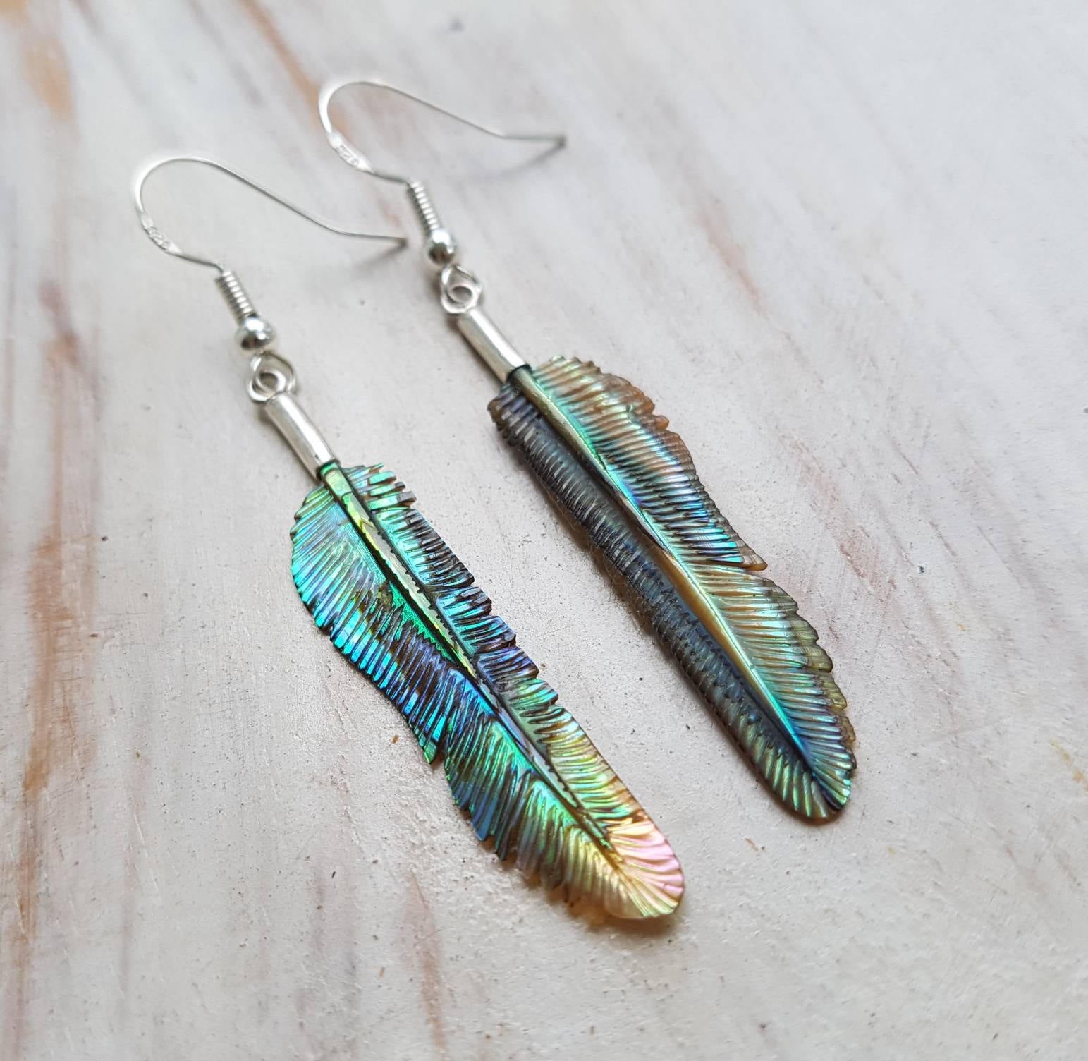 Super Mini Abalone Flight Feather Earrings - FeatherTribe