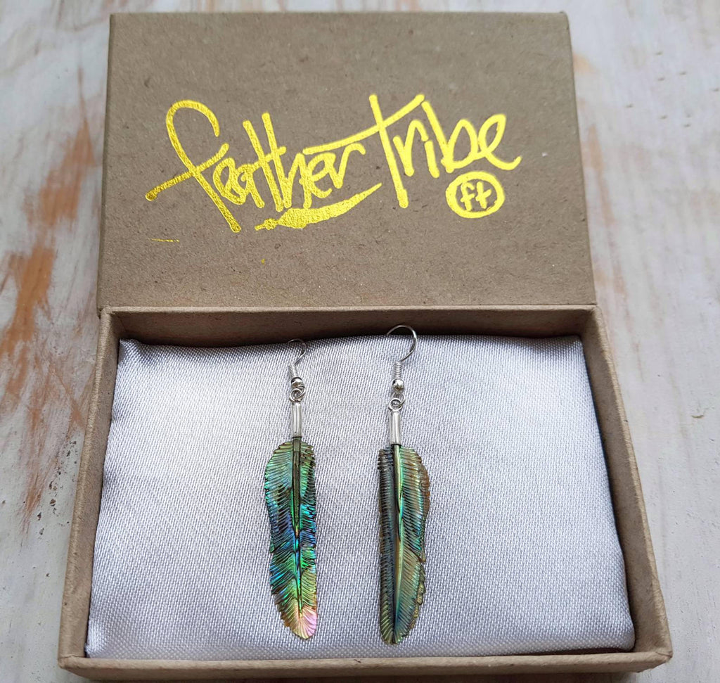 Super Mini Abalone Flight Feather Earrings - FeatherTribe