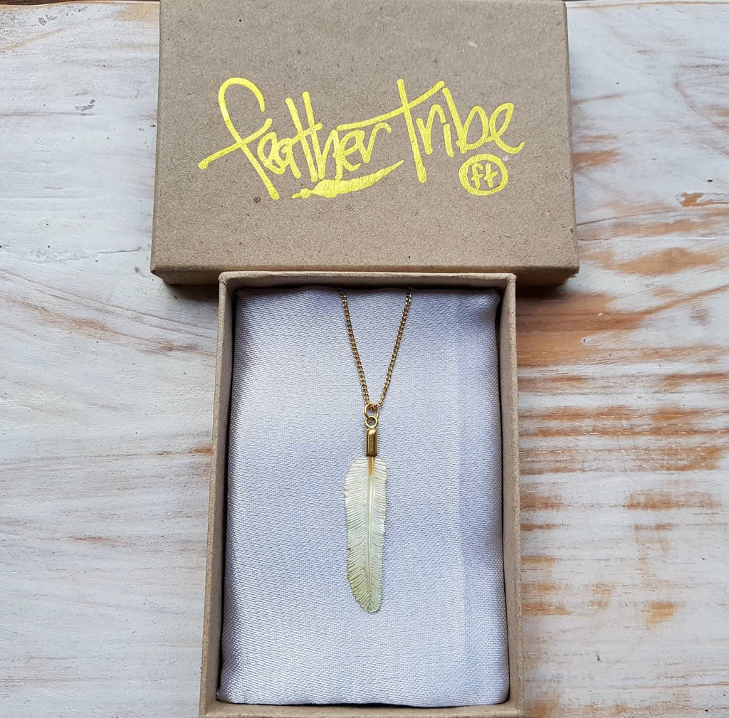 Super Mini Golden Pearl Flight Feather Necklace with Brass - FeatherTribe