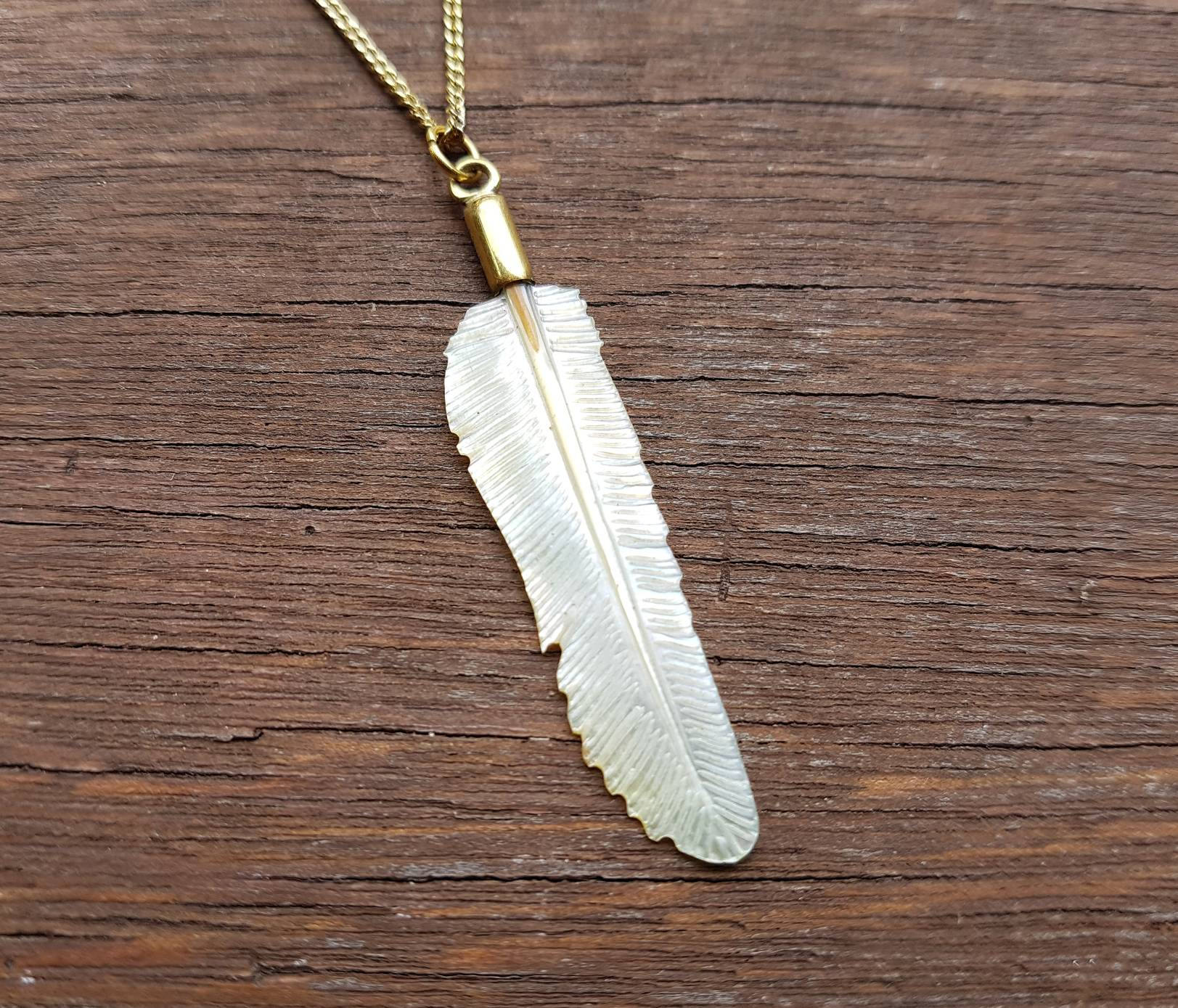 Super Mini Golden Pearl Flight Feather Necklace with Brass - FeatherTribe