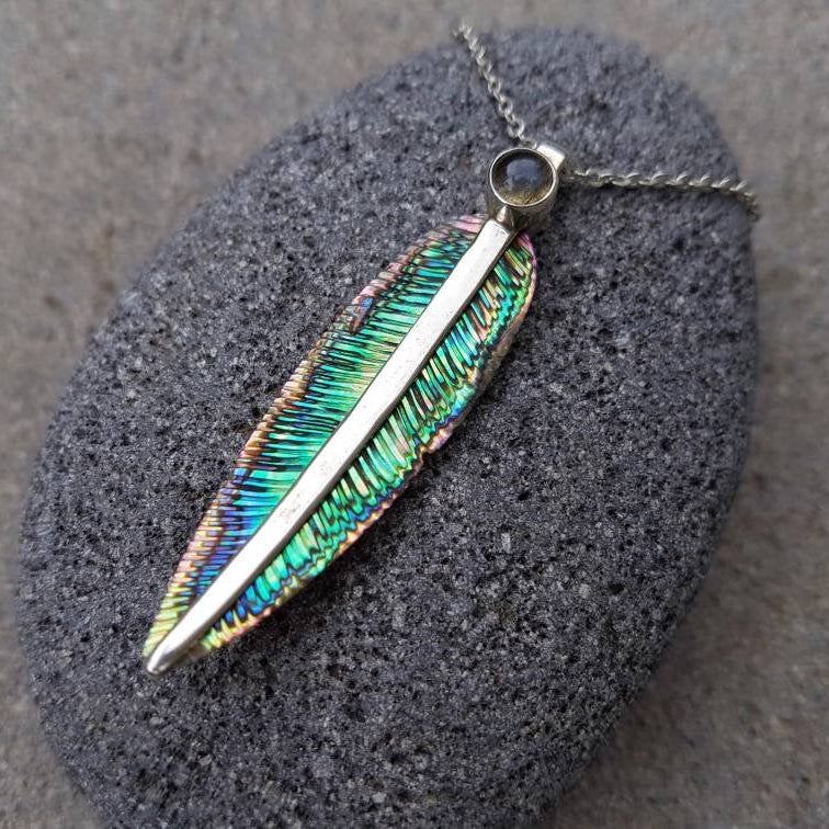Blue Avian Feather Necklace with Moonstone - FeatherTribe
