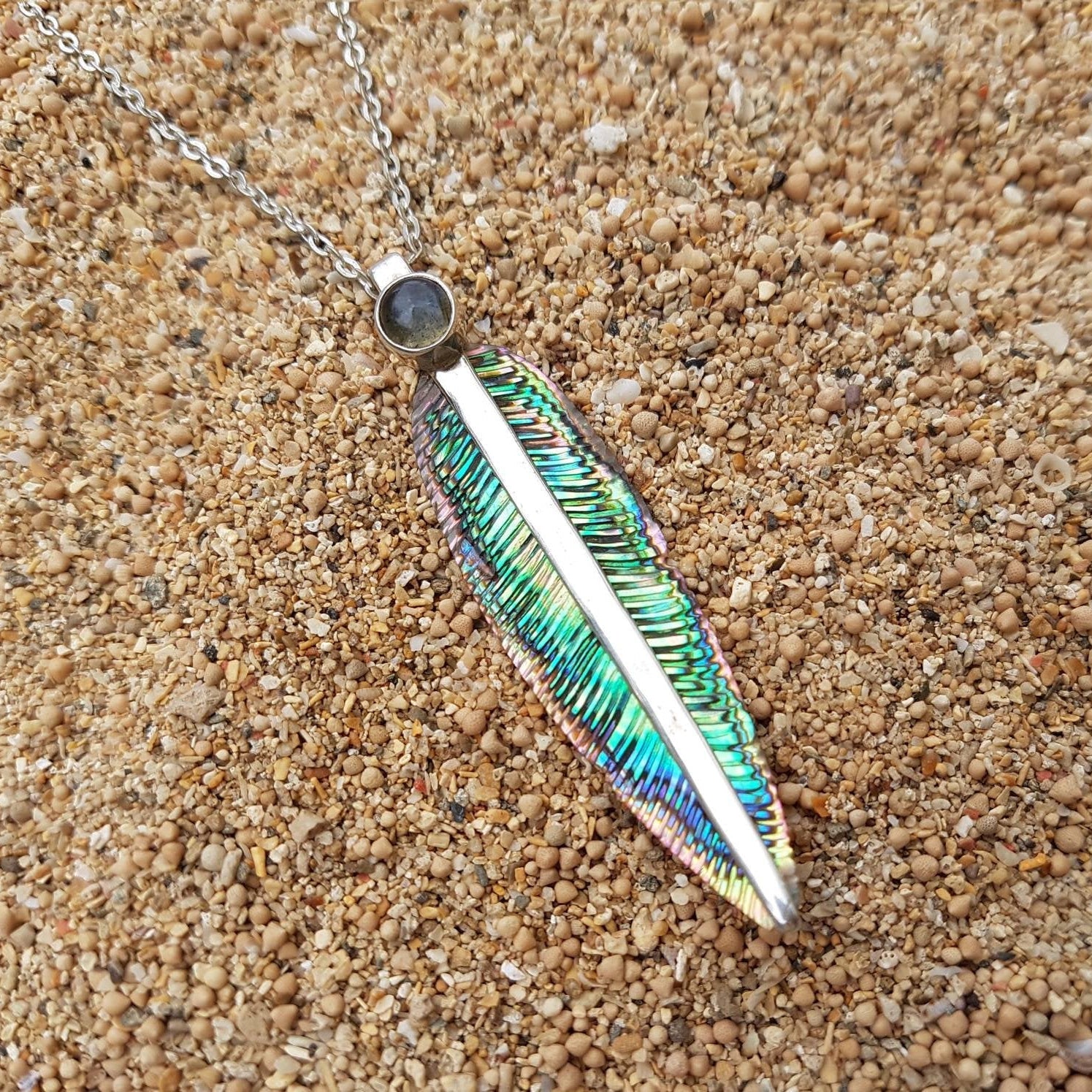 Blue Avian Feather Necklace with Moonstone - FeatherTribe