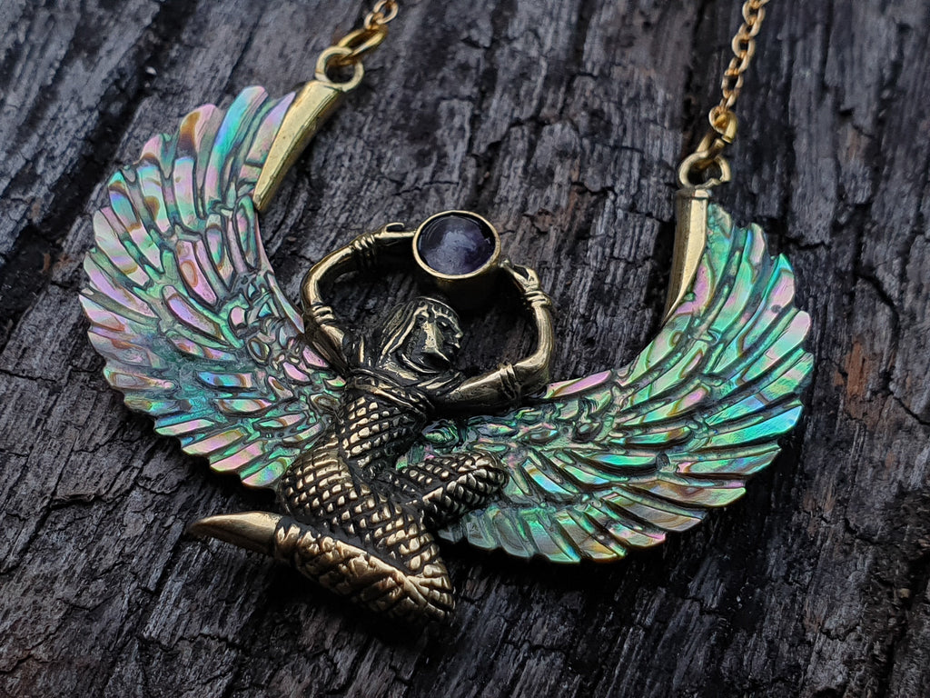 Abalone Isis Goddess Necklace with Amethyst or Moonstone - FeatherTribe