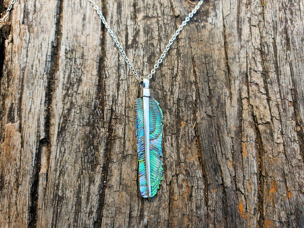 Super Mini Abalone Flight Feather Necklace with Silver or Brass Spine - FeatherTribe
