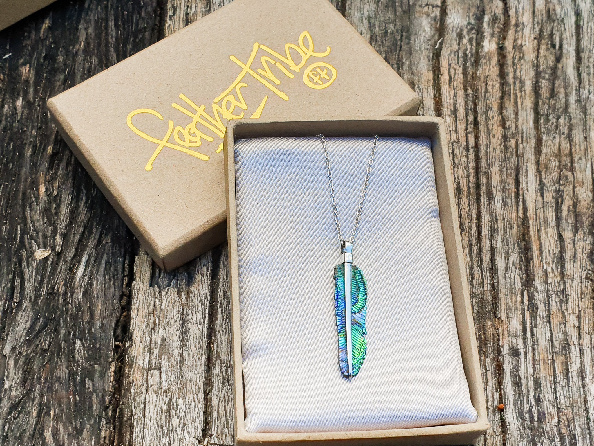 Super Mini Abalone Flight Feather Necklace with Silver or Brass Spine - FeatherTribe