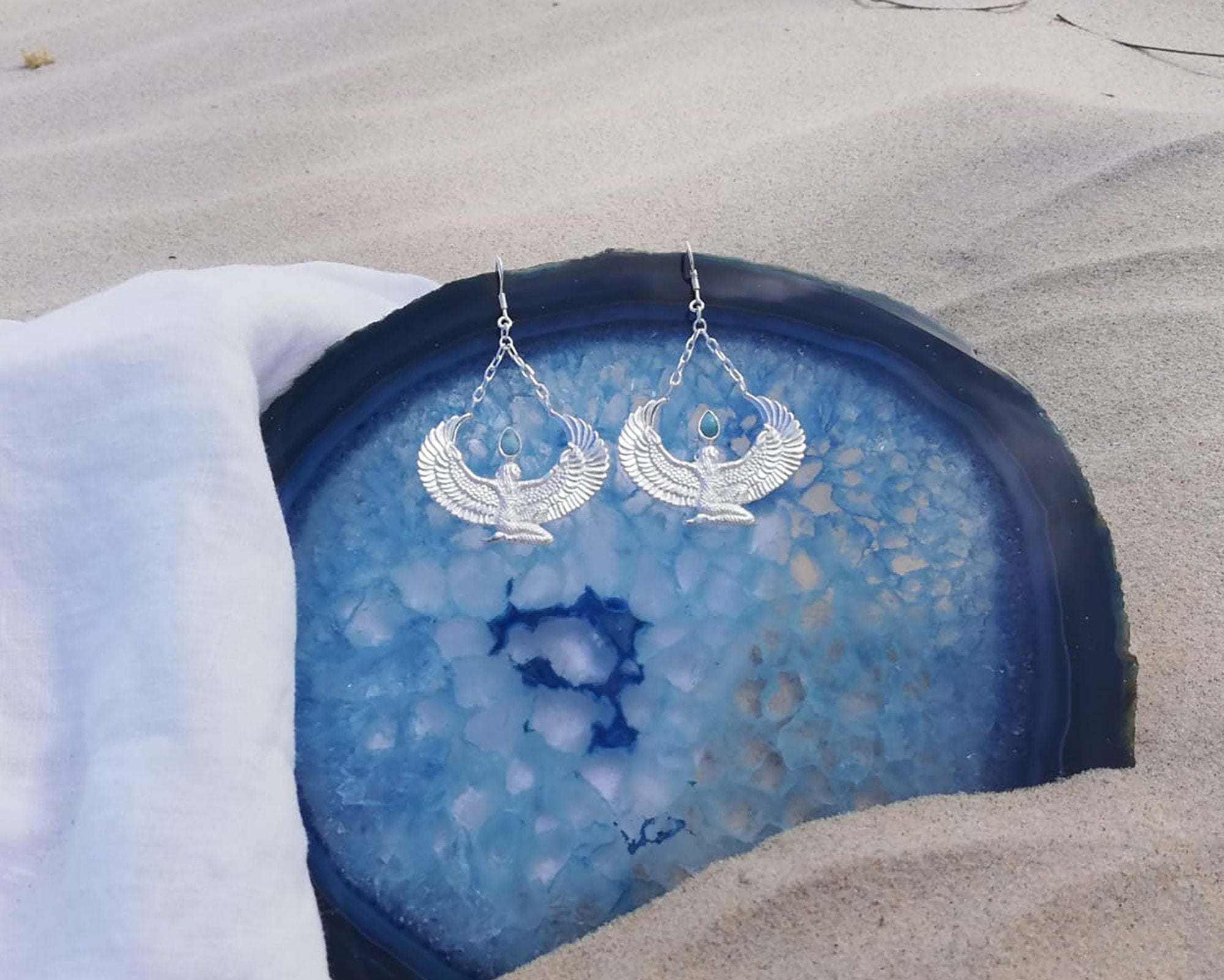 Larimar Silver Isis Goddess Earrings - FeatherTribe