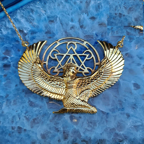 Premium Medium 24ct Gold Dipped Isis Goddess Necklace with Metatron - FeatherTribe