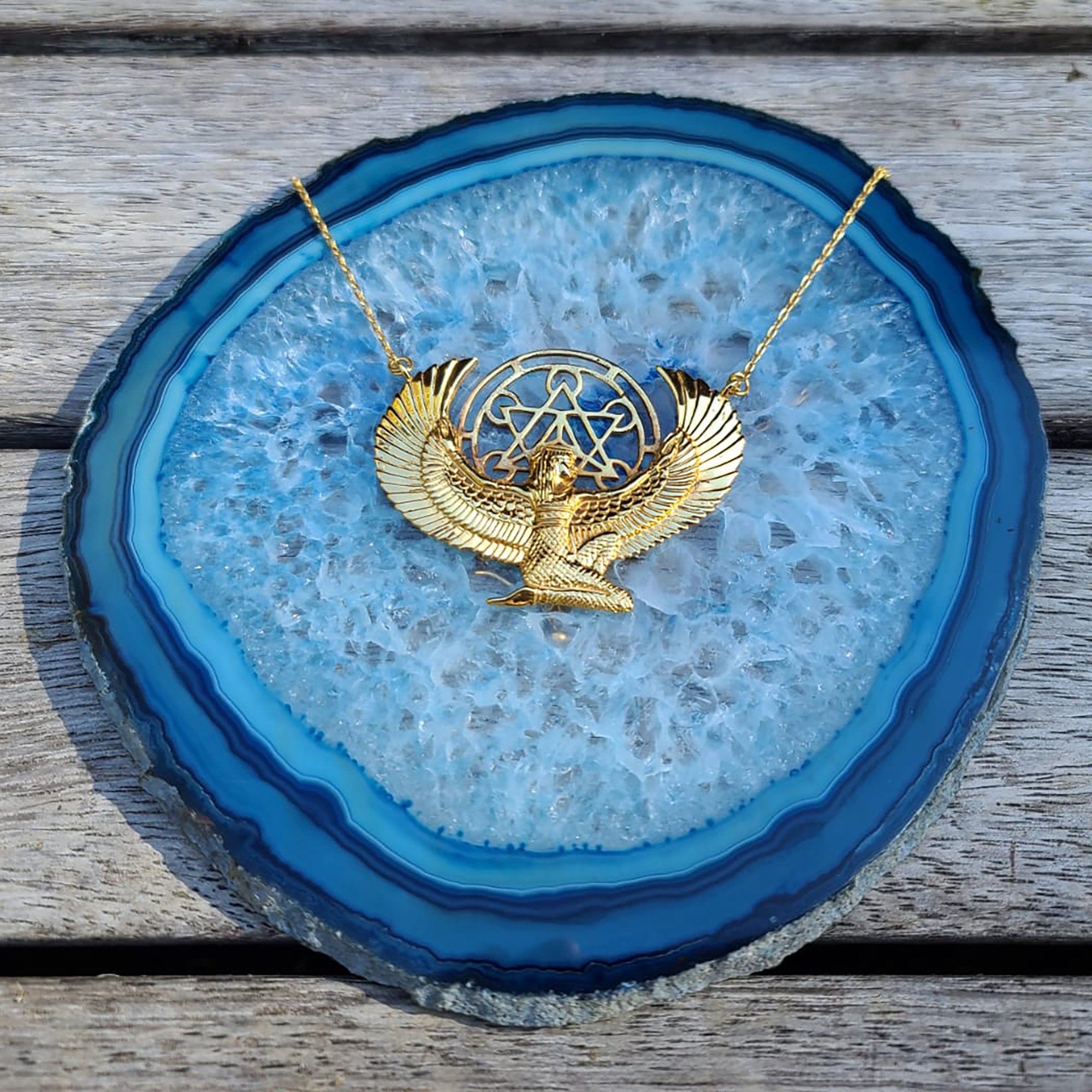 Premium Medium 24ct Gold Dipped Isis Goddess Necklace with Metatron - FeatherTribe