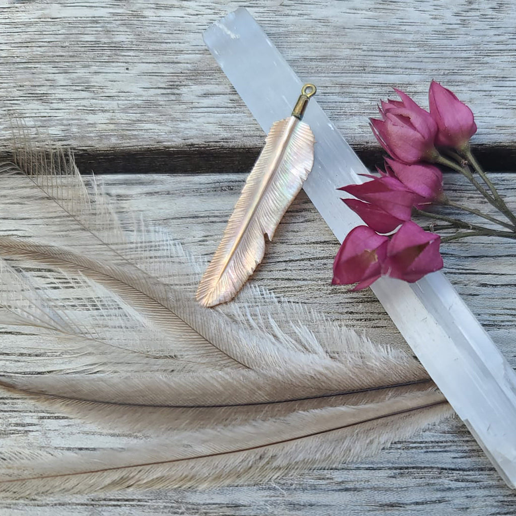 Super Mini Pink Pearl Flight Feather Necklace with Brass Bail - FeatherTribe