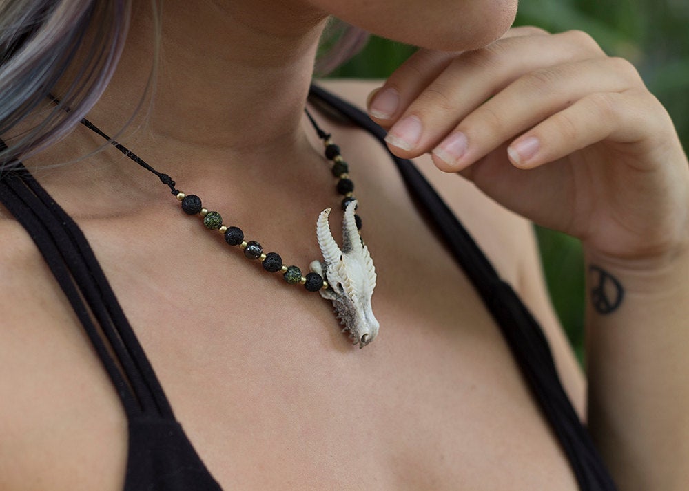 Dragon Skull Necklace with Lava Stone, Serpentine and Hematite Beads - FeatherTribe